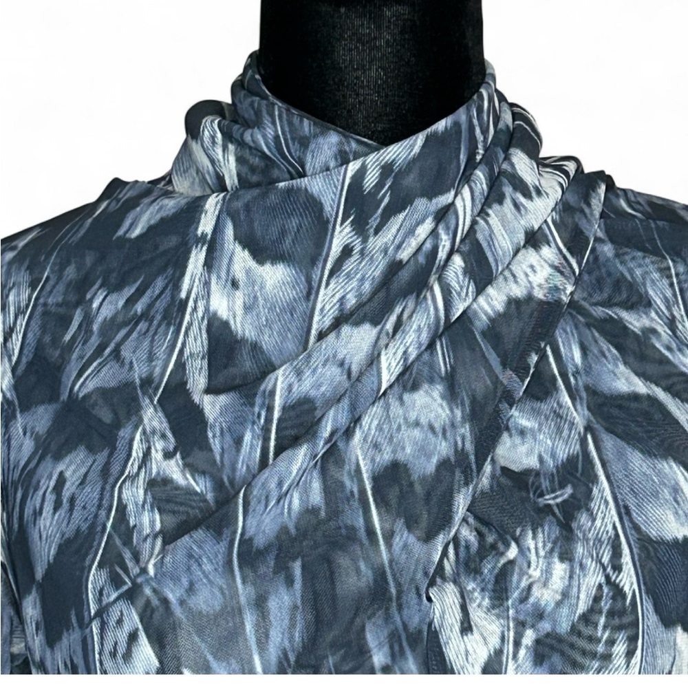 ALLSAINTS Blue Mesh Top 6, Long Sleeve High Neck W/Cross Design And Ruffle Sides - Picture 3 of 9